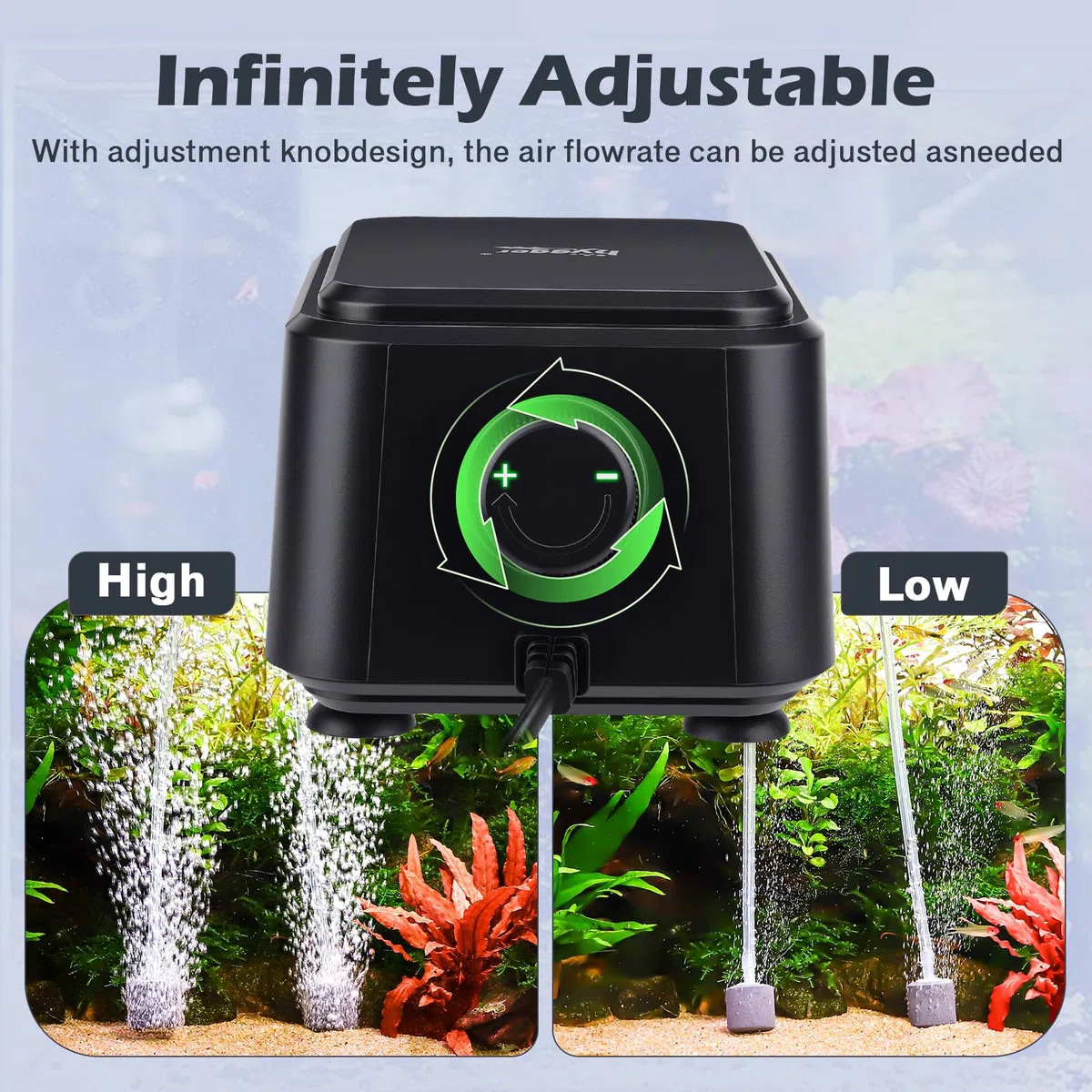 hygger Bomba de aire silenciosa para acuarios <30 dB, de oxígeno de bajo ruido ajustable para acuarios con 2 salidas de aire de ventilación silenciosa (3.5 Vatios, hasta 454 L)