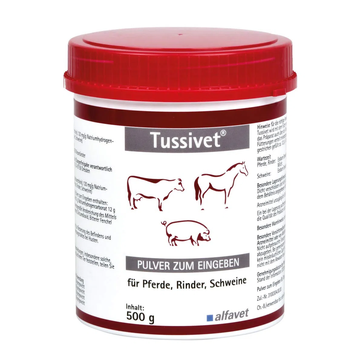 Alfavet Tussivet - Polvo para la tos (500 g) para caballo, bovino y cerdo, para mejorar la salud y apoyar la función de órganos del tracto respiratorio superior