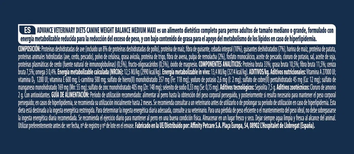 Advance Veterinary Diets Weight Balance Medium & Maxi - Pienso para Perros con Problemas de sobrepeso - 12kg