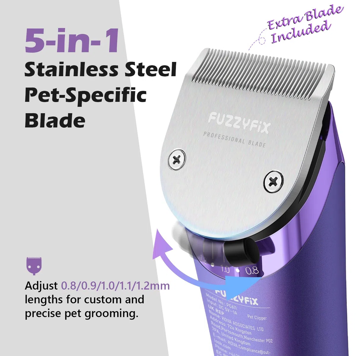 Cortadora para el aseo de perros con cuchilla de repuesto, kit de aseo para mascotas inalámbrico con cuchilla ajustable 5 en 1, 2 velocidades, recargable y con peines metálicos desmontables