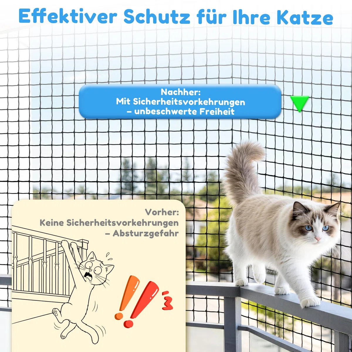 Red para Gatos Terraza 4×3 m,6×3m Reforzada con Cable de Acero, Sin Perforación, Antimordeduras, Resistente a Desgarros y Rayos UV, para Balcón, Ventana, Incluye Cuerda de Fijación y Clavos(6*3)