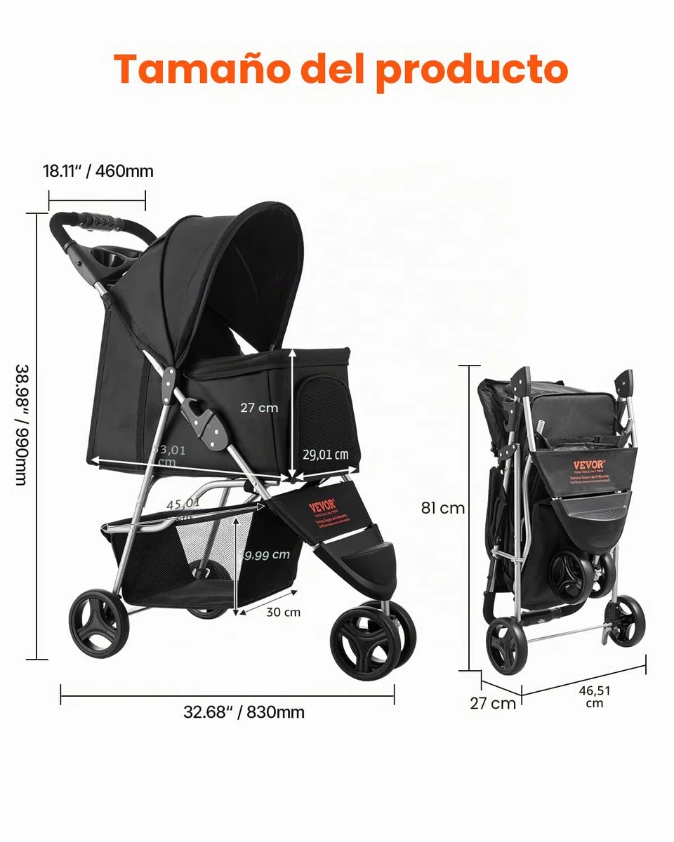 VEVOR Cochecito para Mascotas Capacidad 16kg Carrito Plegable para Perros de 3 Ruedas con Ventana de Malla y Portavasos Cochecito Portátil Tela Oxford 600D con Freno para Mascotas Pequeñas Medianas