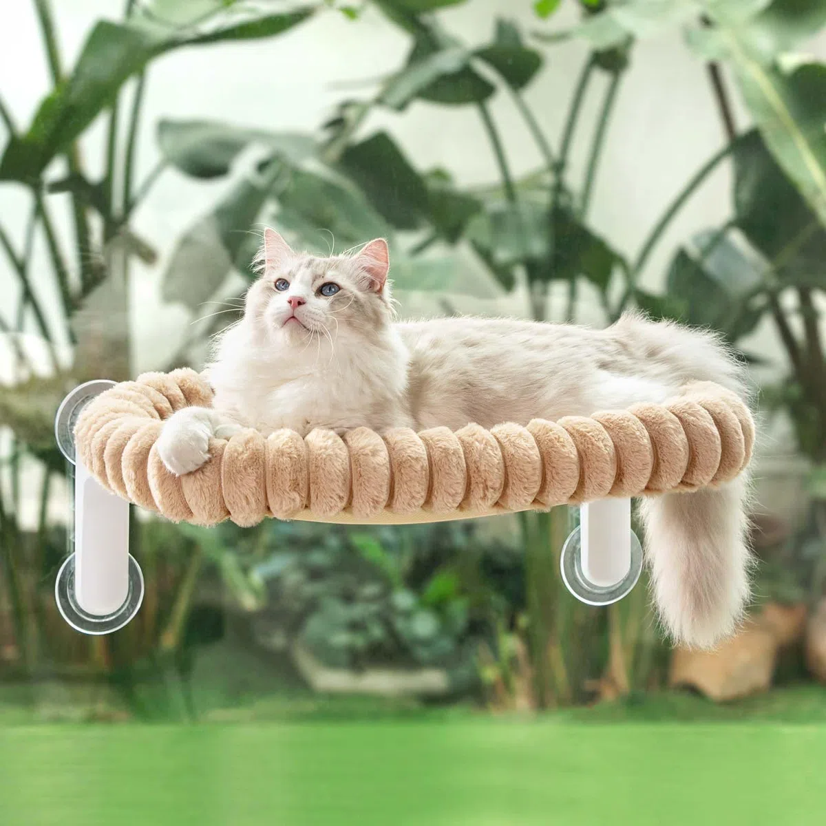 GUUSII HOME Hamaca Gato Ventana Plegable Cama con Ventosa Fuerte Gatos Grande Colgante Soporte Camita para Gatitos de Interior con Alfombra Reversible Cat Window Perch Bed 54 * 30cm (Camello Claro, M)