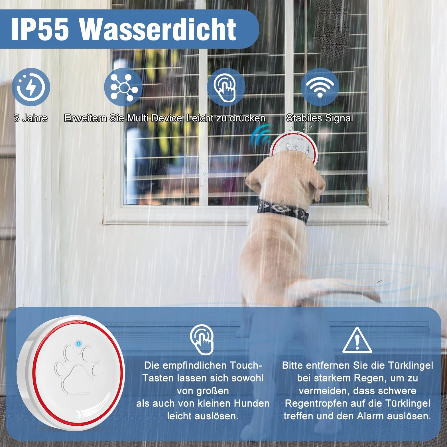 ChunHee Timbre inalámbrico para Perro/Entrenamiento Mascotas/Timbre Inteligente Funciona a 500Pies con Botón Táctil Impermeable IP55 52 Melodías 5 Niveles deVolumen Flash LED