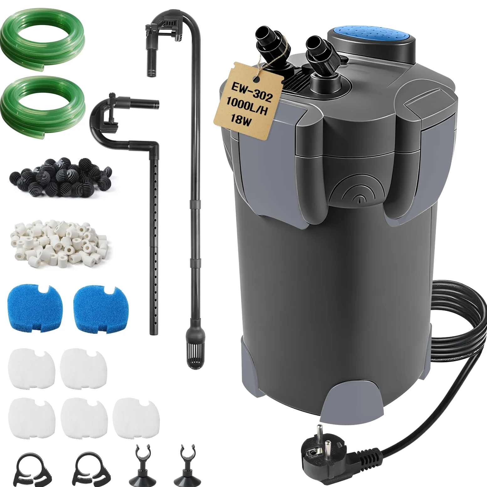 EXLECO Filtro Externo Acuario 1000L/H 18W Filtro Pecera Flujo Ajustable con Material Filtrante y Manguera Acuario Tubo, Bomba de Filtro Aquário Potente Profesional para Pecera de Menos de 300L Negro