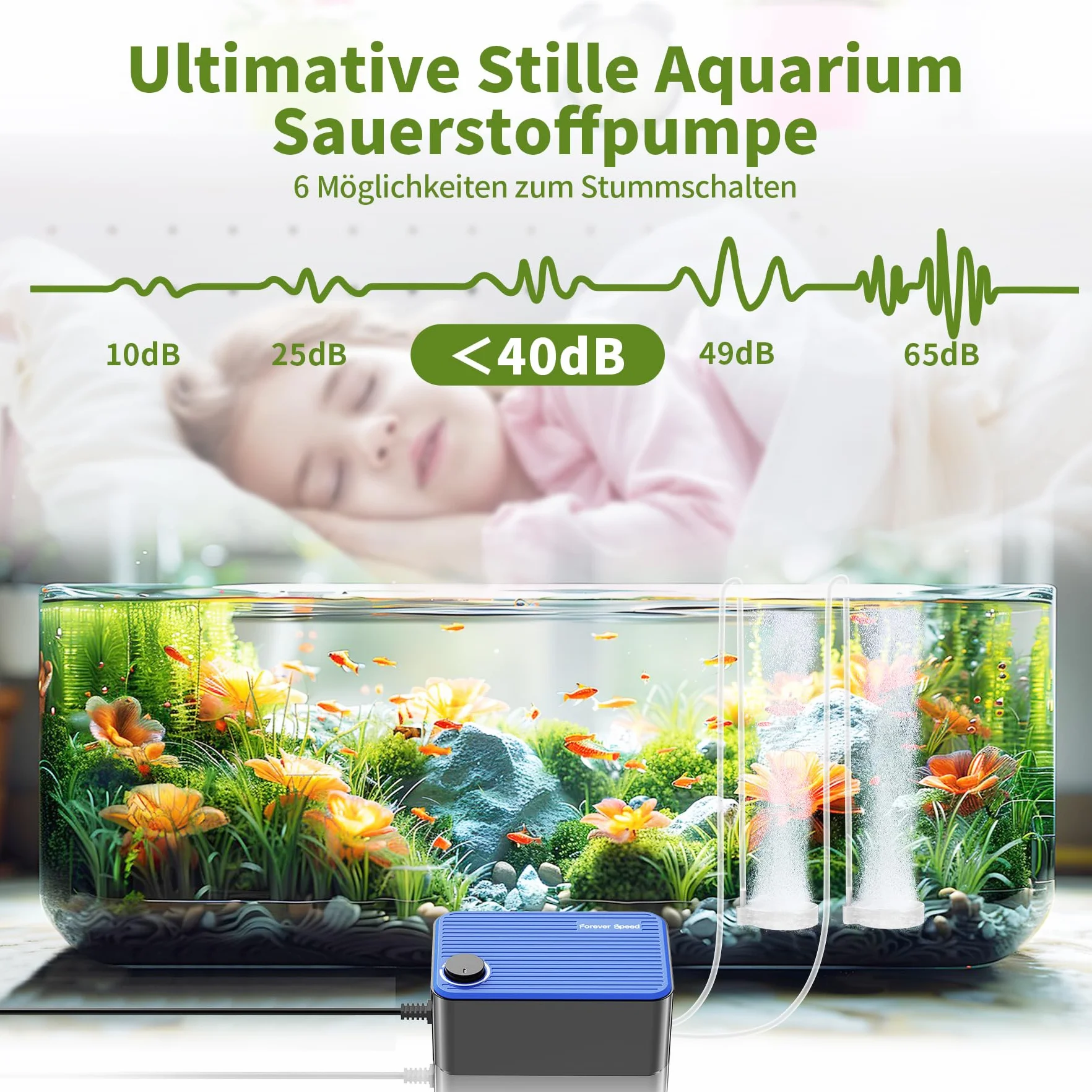 Forever Speed Bomba de Aire para Acuario Ultra Silencioso＜40 dB, 8W Ajustable Oxigenador Acuario con Accesorios hasta 600L, Bomba Aire Acuario con 2 Tomas