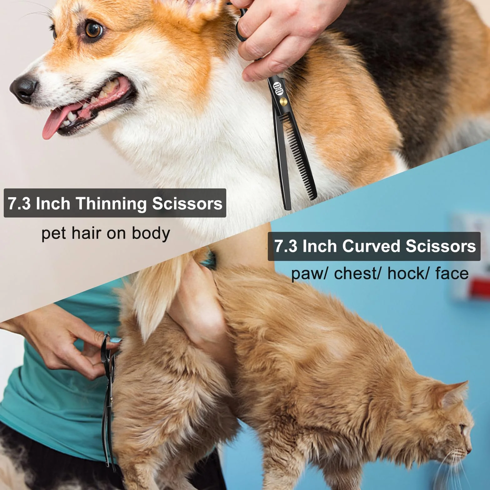 CIICII Tijeras Peluqueria Canina, 7 Pulgadas Tijeras para Perros de Acero Inoxidable con Punta Redonda de Seguridad (Tijeras para Adelgazar, Tijera Curvas y Rectas) para Peluquería Doméstica (Negro)