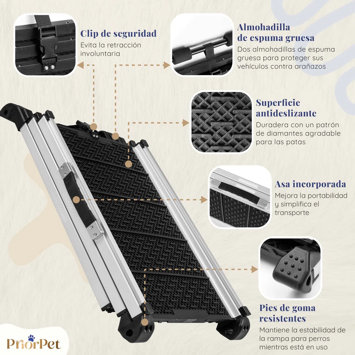 Rampa para Perros para Coche, Todoterreno - Rampas telescópicas Extensibles para Perros Grandes- Estable - Antideslizante- 90 kg de Capacidad - Escalera Ligera para Perros - Clip de fijación - Negro