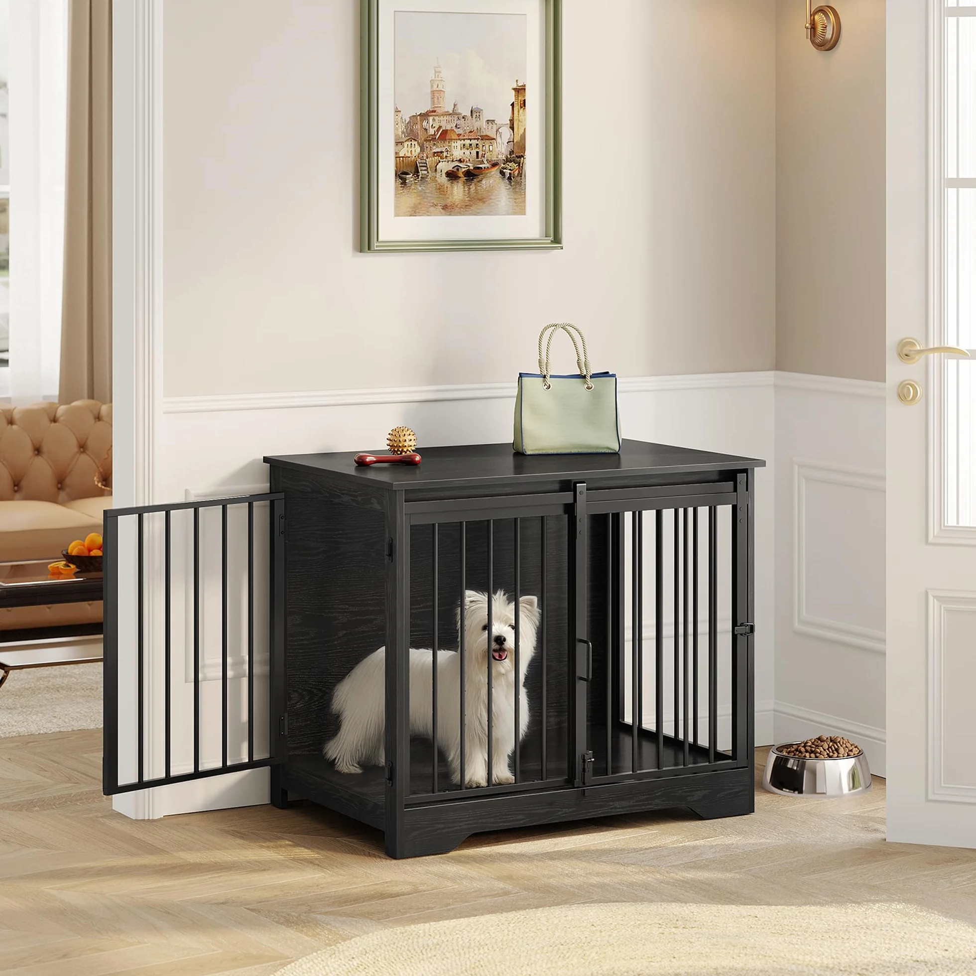Hzuaneri 81cm Jaula para Perros, Mesa Auxiliar, casa Moderna para Perros, Jaula para Cachorros, dúplex para Animales, 2 Puertas, 55 x 81 x 67,5 cm, Negro DFC83604B