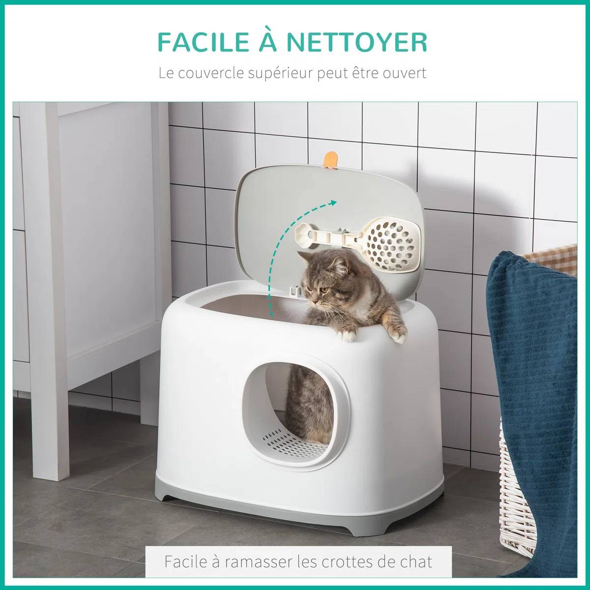 PawHut Inodoro para Gatos con Tapa y Pala, plástico (PP), 55 x 40 x 39 cm, Color Blanco