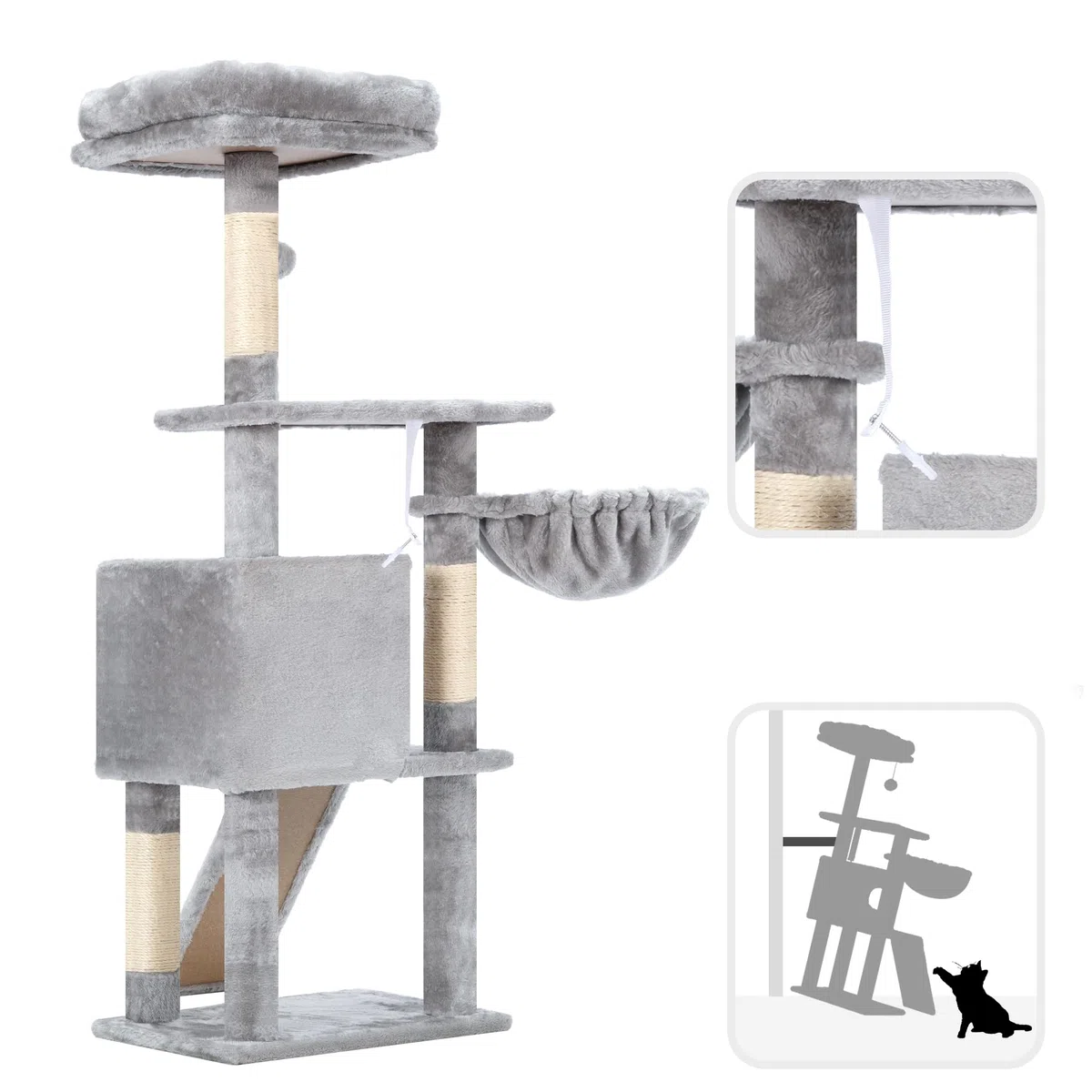 Hey-brother Árbol rascador para gatos, 108 cm, para interiores, varios pisos para gatitos, con columnas para rascar, rampa, cesta, espacioso agujero para gatos y juguete con pompón colgante, gris