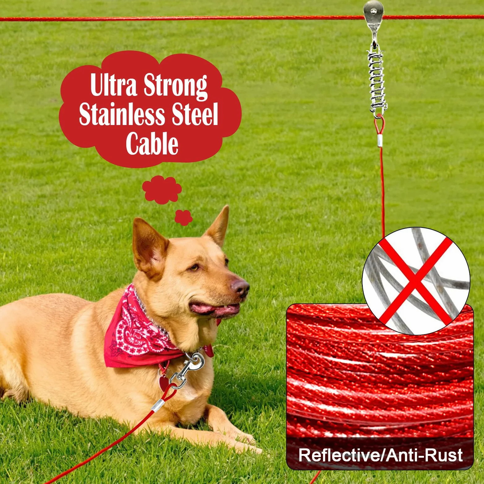 Corredores para Perros para Exteriores, 100 pies para Patio con Cable de Amarre para Perros de 15 pies, Correa Resistente para Perros Grandes, Sistema de Carrito con Cremallera para Perros,