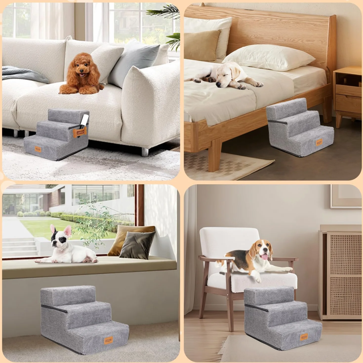 Nobleza Escalera para Perros, Rampa para Perros, Escalera para Cama de Perros Pequeños para Perros y Gatos, Escaleras para Perros Mascotas de 3 Escalones con Rodillo Quitapelusas