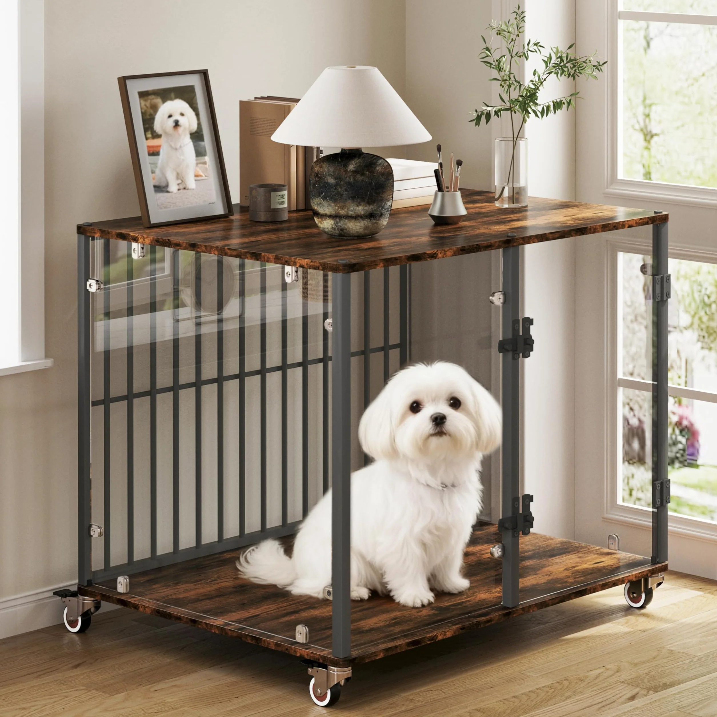 Bingopaw Jaula para Perros Mediano Mueble 77x60x65cm Jaula Perros Transparente de Vidrio Templado Resistente a Las Mordidas y Duradera con Hierro Fuerte Anticorrosivo y Superficie de Mesa