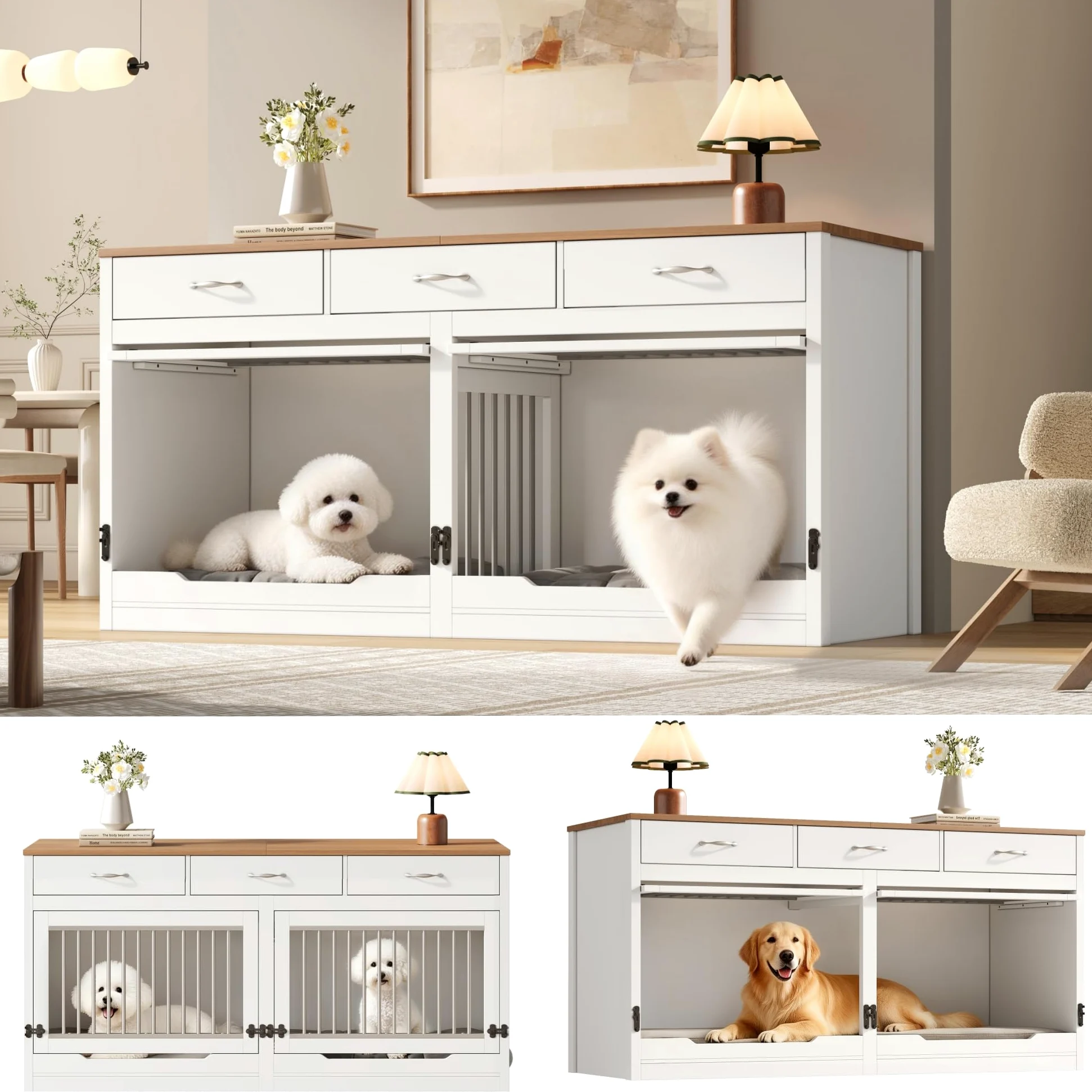 Jaula para perros XXL, muebles de madera y metal, jaula para perros, con 3 cajones y 2 puertas, caseta interior para perros, caseta para el hogar, tapa abatible, divisor extraíble (blanco + aspecto de