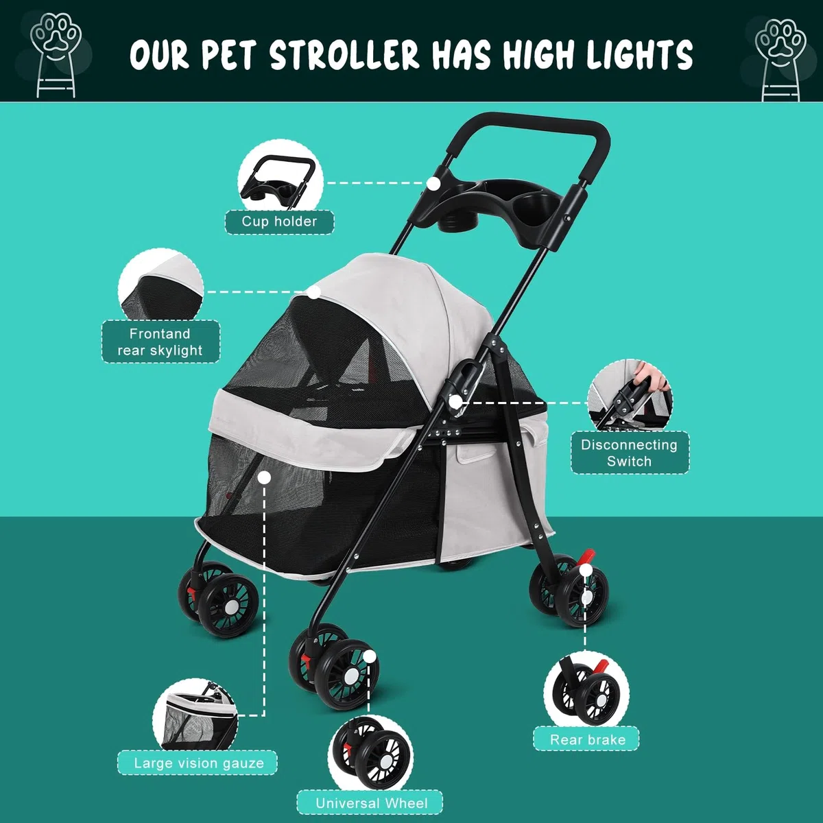 Cochecito para perros y gatos con portavasos, cochecitos plegables para perros pequeños, cochecitos medianos, cochecitos pequeños para mascotas, malla transpirable y visible, hasta 22 libras, color