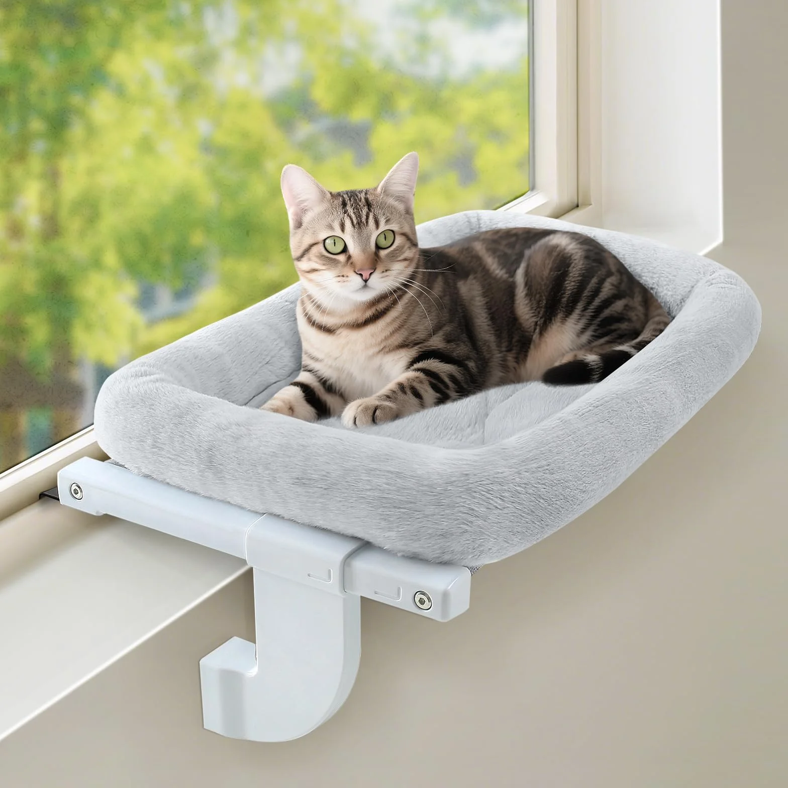 GUUSII HOME Hamaca Cama Gato Ventana para Gatos Camita Amaca Colgante Interior Gatito Grande Ajustable Sin Taladros ni Ventosas Fácil de Montar y Mover Soporta hasta 18kg(Gris,M)
