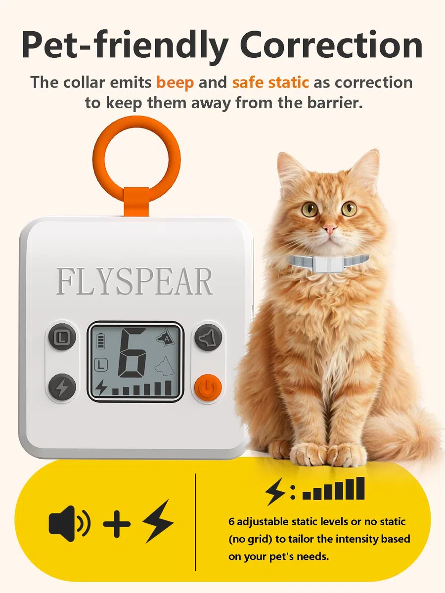 FLYSPEAR Barrera inalámbrica para gatos, barrera recargable para interiores con 6 radios de rango ajustables de hasta 7 pies, 6 intensidades estáticas seguras ajustables, sistema de valla eléctrica