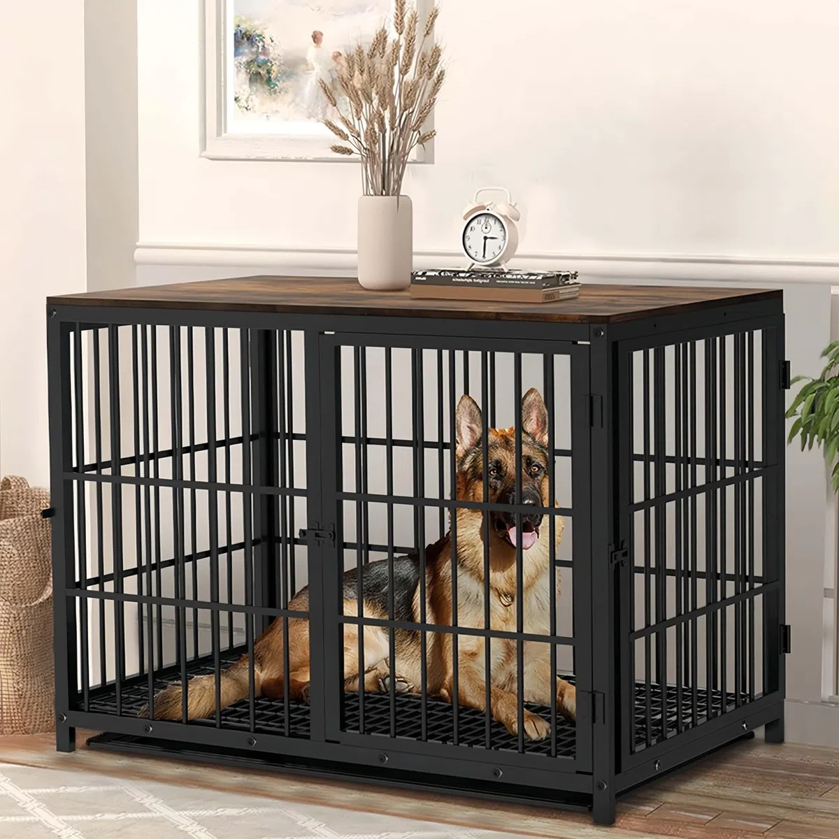 Bingopaw Jaula Perro Mediano Grande Mueble 107.4x71.4x81 cm con Hierro Fuerte Anticorrosivo y Superficie de Mesa Jaula Perros Madera con Cuerpo Conectable Dog Crate Medium Large (Negro, XL)