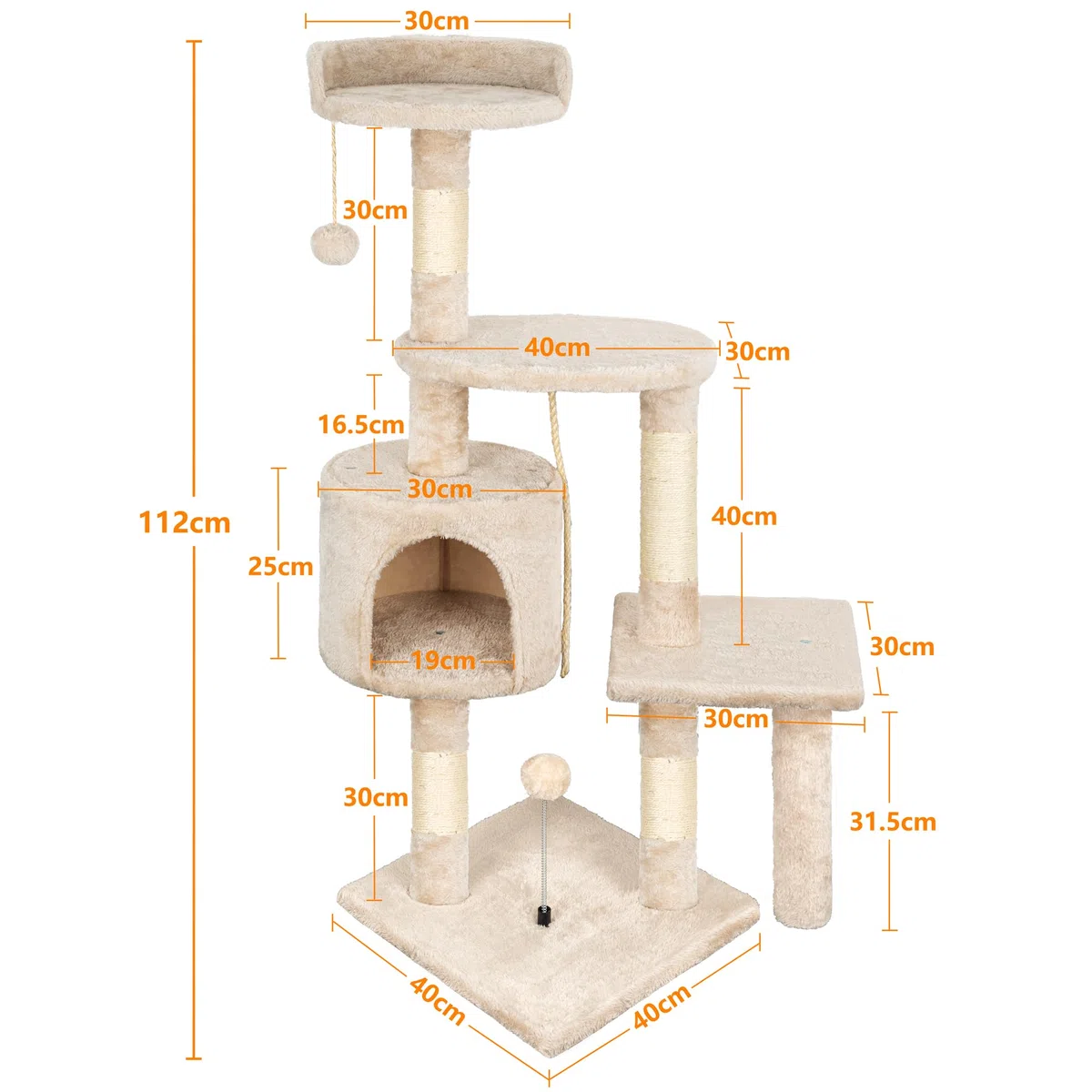 Rascador para Gatos,Árbol Rascador para de 112 cm y múltiples Niveles Estable con 4 Postes de sisal,3 Plataformas,1 Cama,Torre Gatos para Jueguen y Descansen-Beige