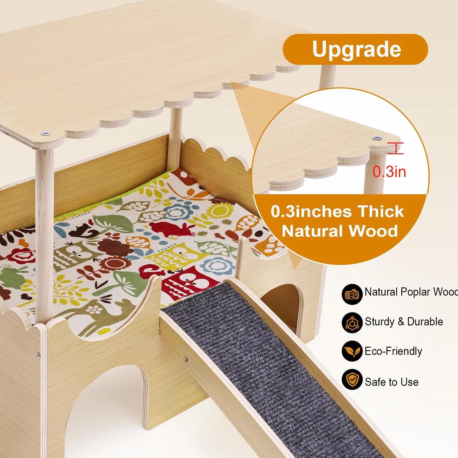Casa para Cobaya con Rampa, Juguete para Cobayas Accesorios, Hábitats de Animales Pequeños, Madera Casita para Conejo para Jerbos Degus Ratones Espinosos, 38 x 35,5