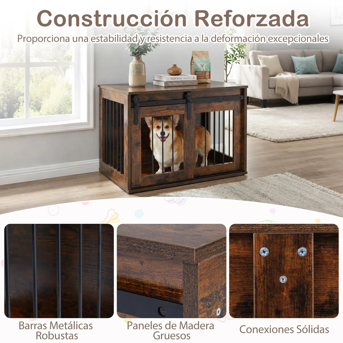 COSTWAY Jaula para Perros, Mueble para Perros con Puerta Corrediza, Mesa Lateral Decorativa, Estructura Metálica, Mueble Jaula de Madera para Mascotas Pequeñas y Medianas, 80 x 54 x 57 cm (Marrón)