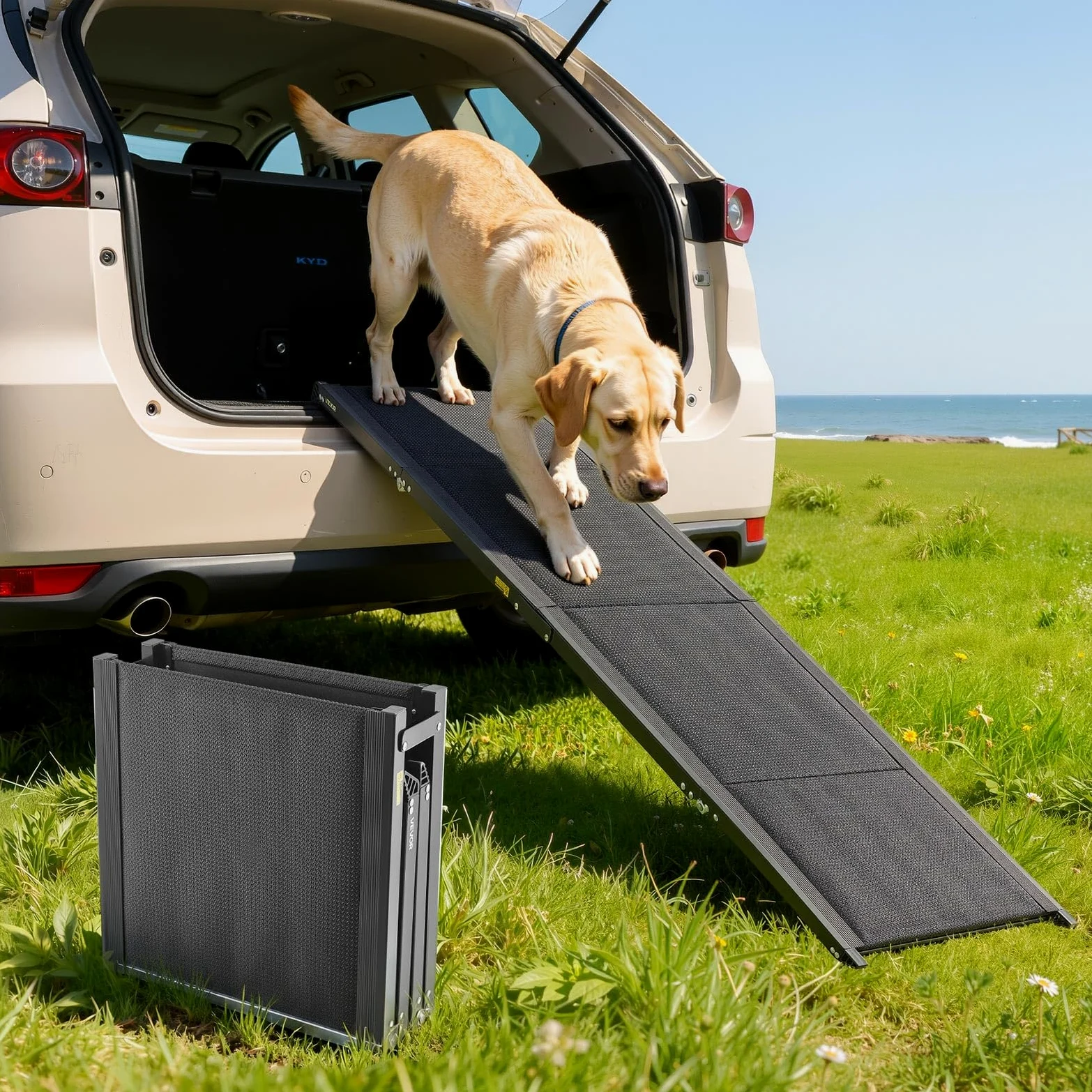 VEVOR Rampa para Perros, 180 x 50,8 cm, Plegable, para Perros Medianos y Grandes de hasta 113 kg, con Superficie de Tela Oxford Antideslizante, Portátil, para Exteriores, SUV y Camiones, Negro