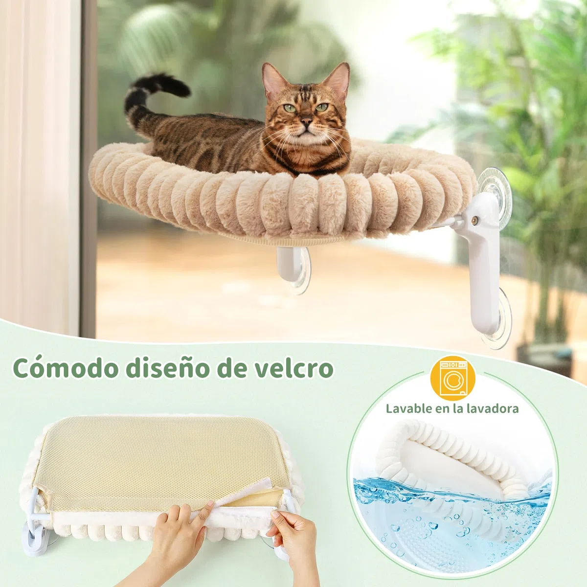 GUUSII HOME Hamaca Gato Ventana Plegable Cama con Ventosa Fuerte Gatos Grande Colgante Soporte Camita para Gatitos de Interior con Alfombra Reversible Cat Window Perch Bed 54 * 30cm (Camello Claro, M)