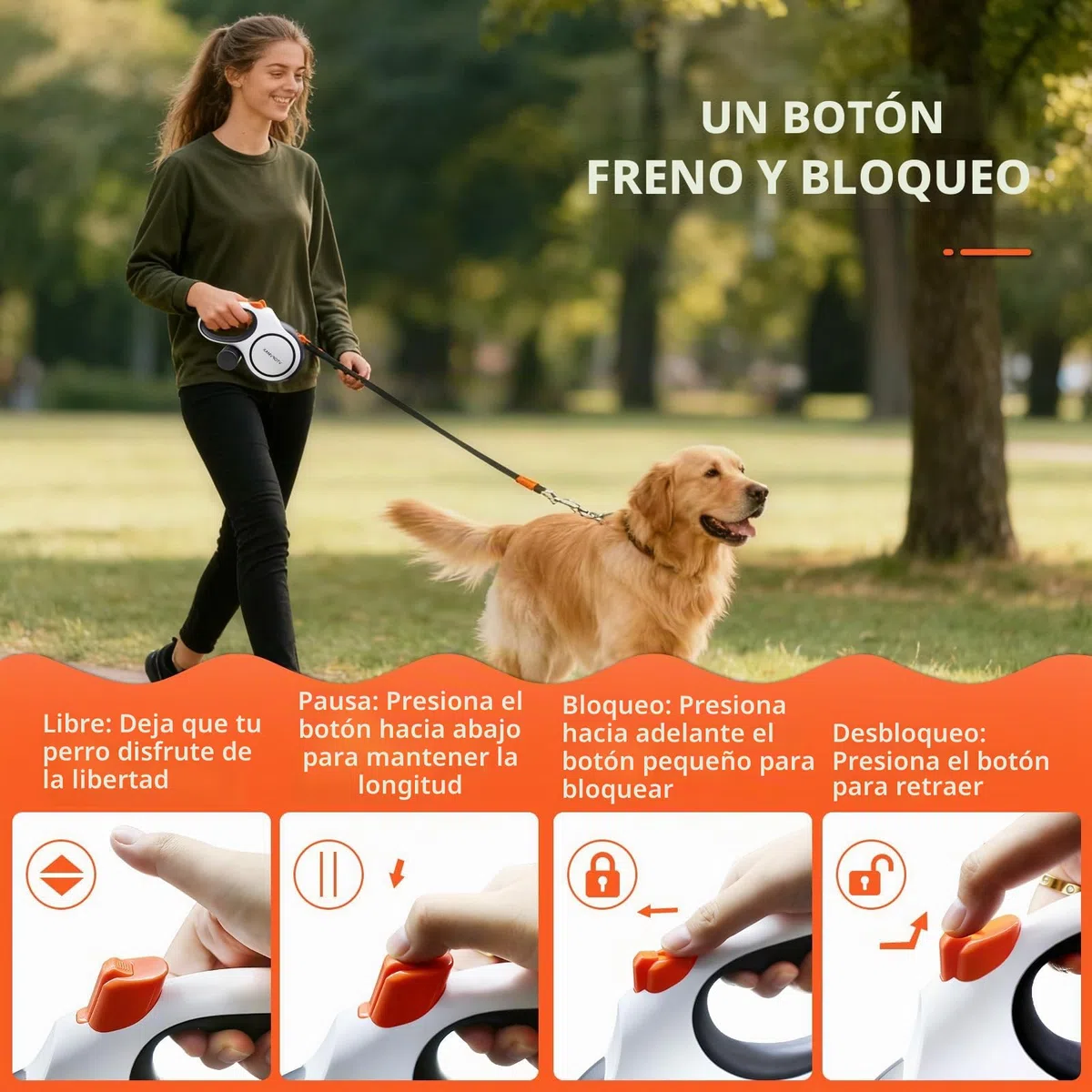 Correa Perro Extensible 8m - Correa Resistente para Perros Medianos/Grandes hasta 50kg, con Cable Anti-Mordidas, Dispensador De Bolsas para Heces Y Freno De Una Mano (Negro/Blanco)