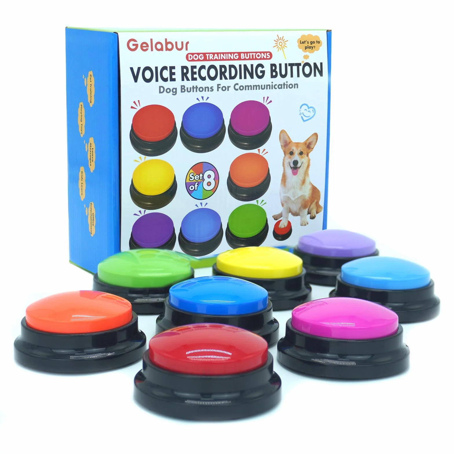 Gelabur Juego de 8 botones de comunicación para perros, botones grabables por voz para aula, juego de botones de conversación para entrenamiento de perros, herramientas de botones de conversación