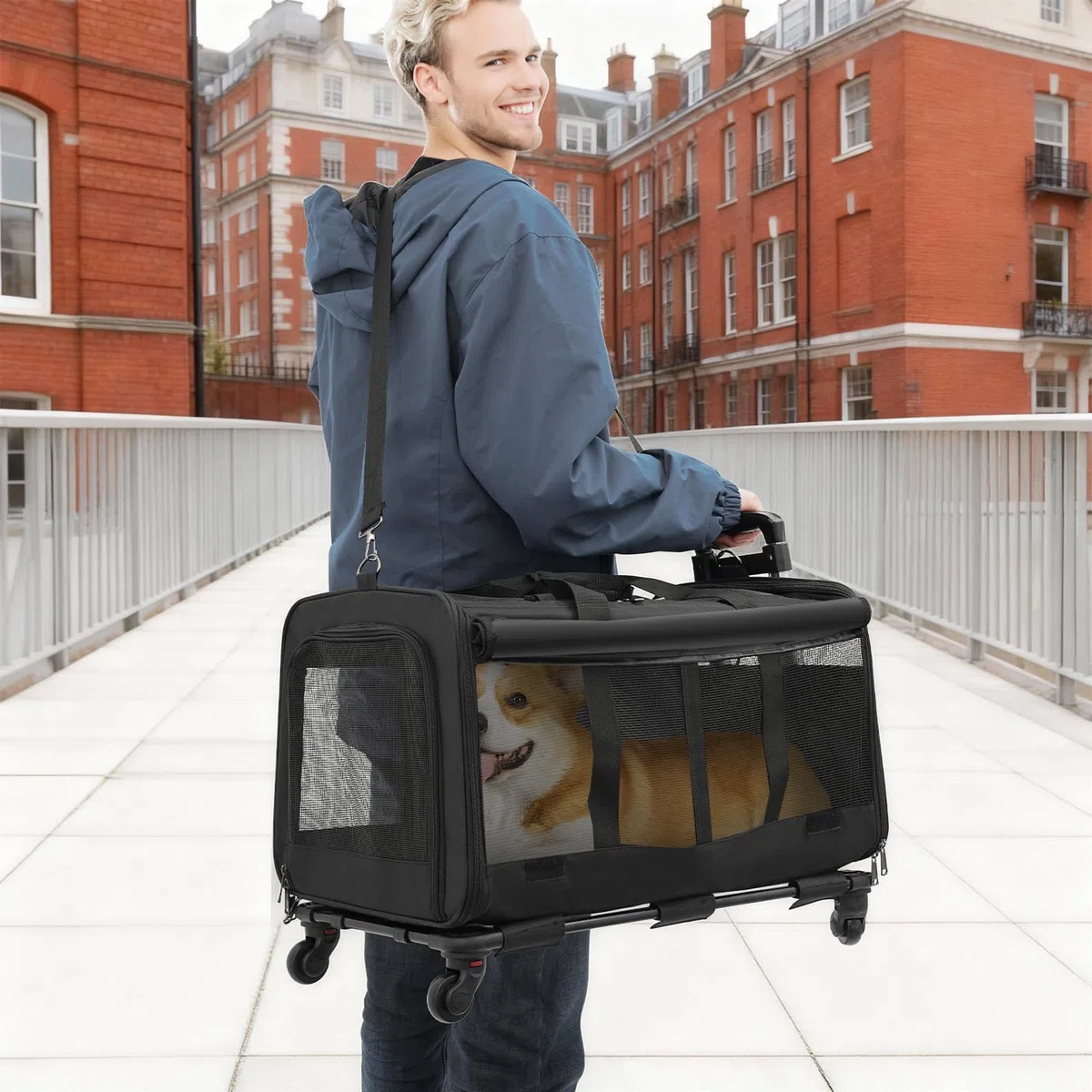 Transportín para mascotas con dos compartimentos y ruedas para gato/perro, caja de transporte extraíble para gatos con asa telescópica para 2 gatos/perros, hasta 17,5 kg, para viajes, senderismo