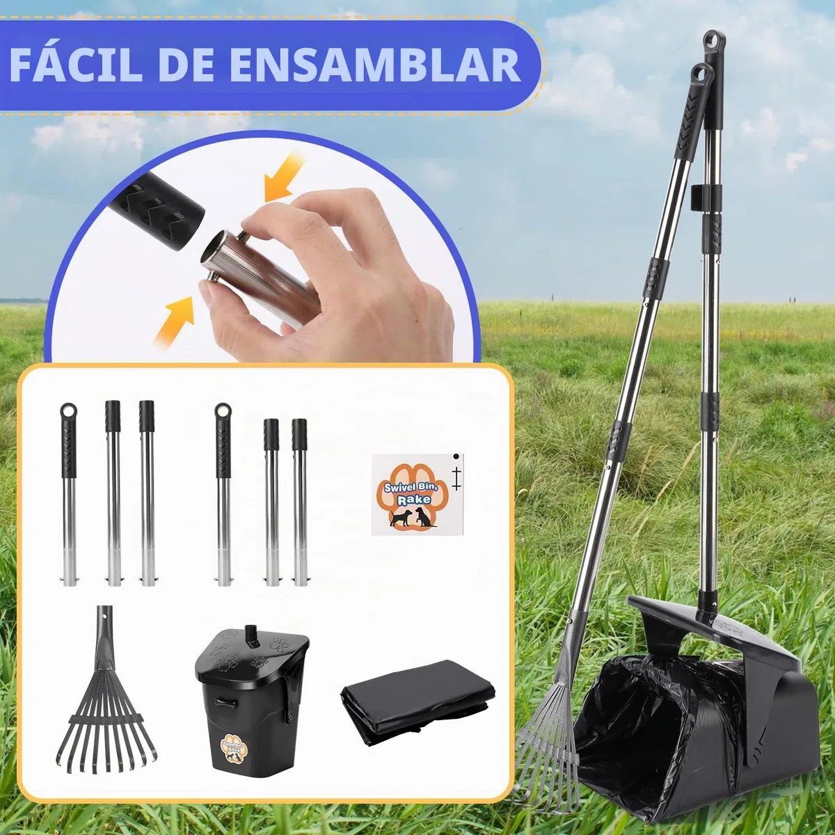 Kit Recogedor de Excrementos para Perros con Cubo Giratorio, Rastrillo y 20 Bolsas – Mango Largo para Jardín y Exterior