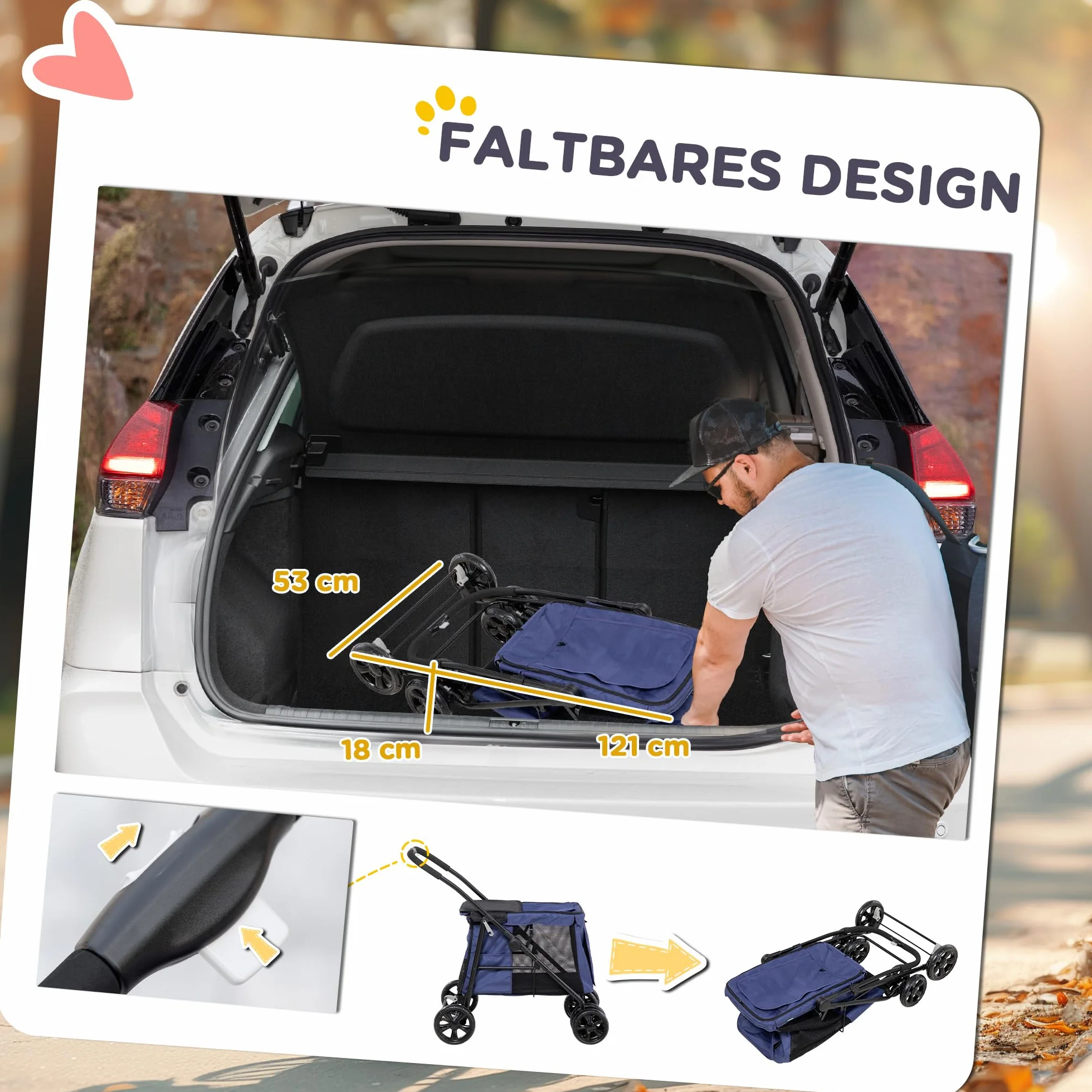 PawHut cochecito plegable para perros con cojín, carrito para gatos hasta 20 kg, para pequeños y medianos con bolsillos laterales, ventana de malla, tela Oxford, azul