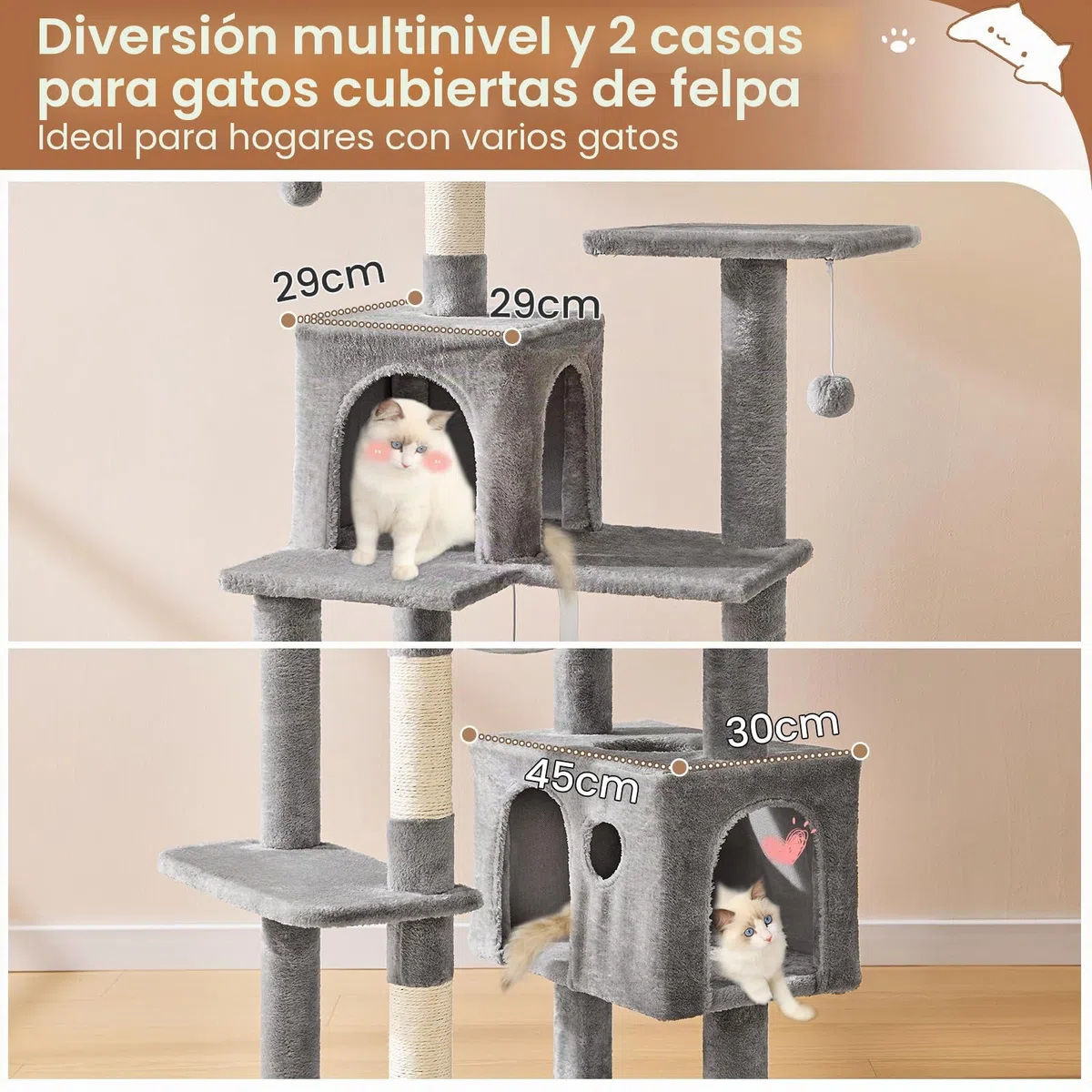 MSmask Árbol de gatos grande, L Árbol para gatos estable, árbol de rascar para gatos con 2 plataformas, 2 cuevas para gatos, hamaca, columnas de sisal, árbol de escalada de varios pisos para gatos