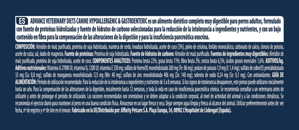 Advance Veterinary Diets Hypoallergenic, Pienso para Perros para Reducir las Intolerancias alimentarias, 10kg
