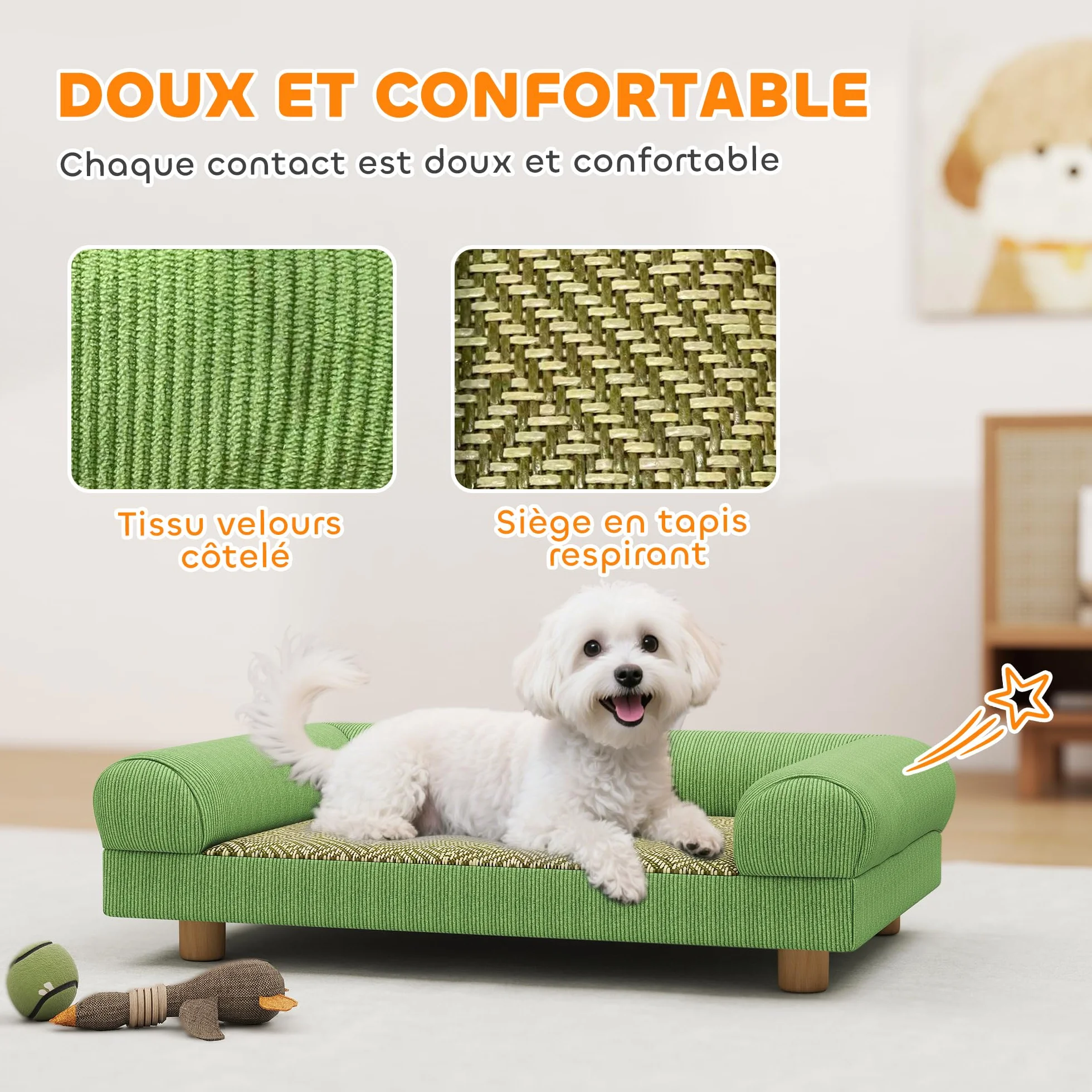 PawHut Sofá para perros gato cama elevada para perros con asiento de alfombra fresca, apoyabrazos y pies, en terciopelo suave, para mascotas de hasta 5 kg, 63 x 41 x 17 cm, verde