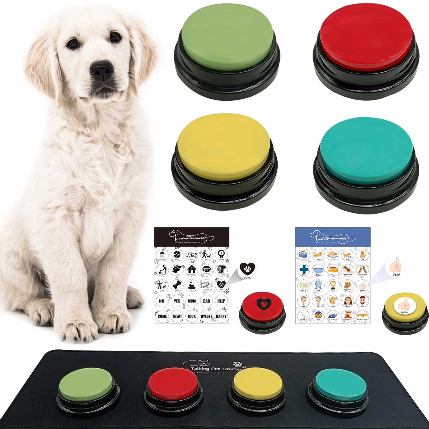 4 Botones de Perro para comunicación, Botones grabables, Botones para Perros, 4 Botones, 1 Almohadilla de Goma, 50 calcomanías, Entrena a tu Perro para Hablar