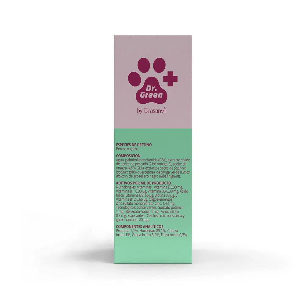 Drasanvi AlerGreen para Perros y Gatos | Solución Oral 250 ml Natural para Alergias, Picor e Inflamación | Omega 3 y 6 Quercetina y PEA | Cuidado Especial de la Piel Sensible con Jeringa Dosificadora