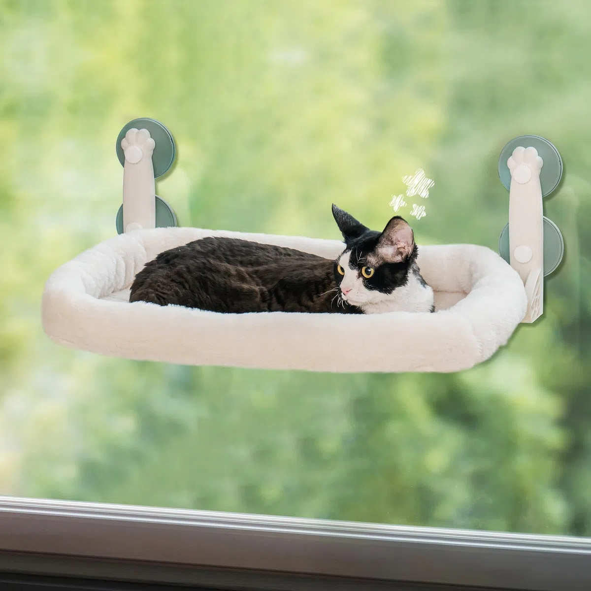 MEWOOFUN Plegable Hamaca Gato Ventana, Cama Gatos con Ventosa Fuerte Alfombra Reversible, Cama para Gatos Soportar hasta 18kg (Beige, M-with Mat)