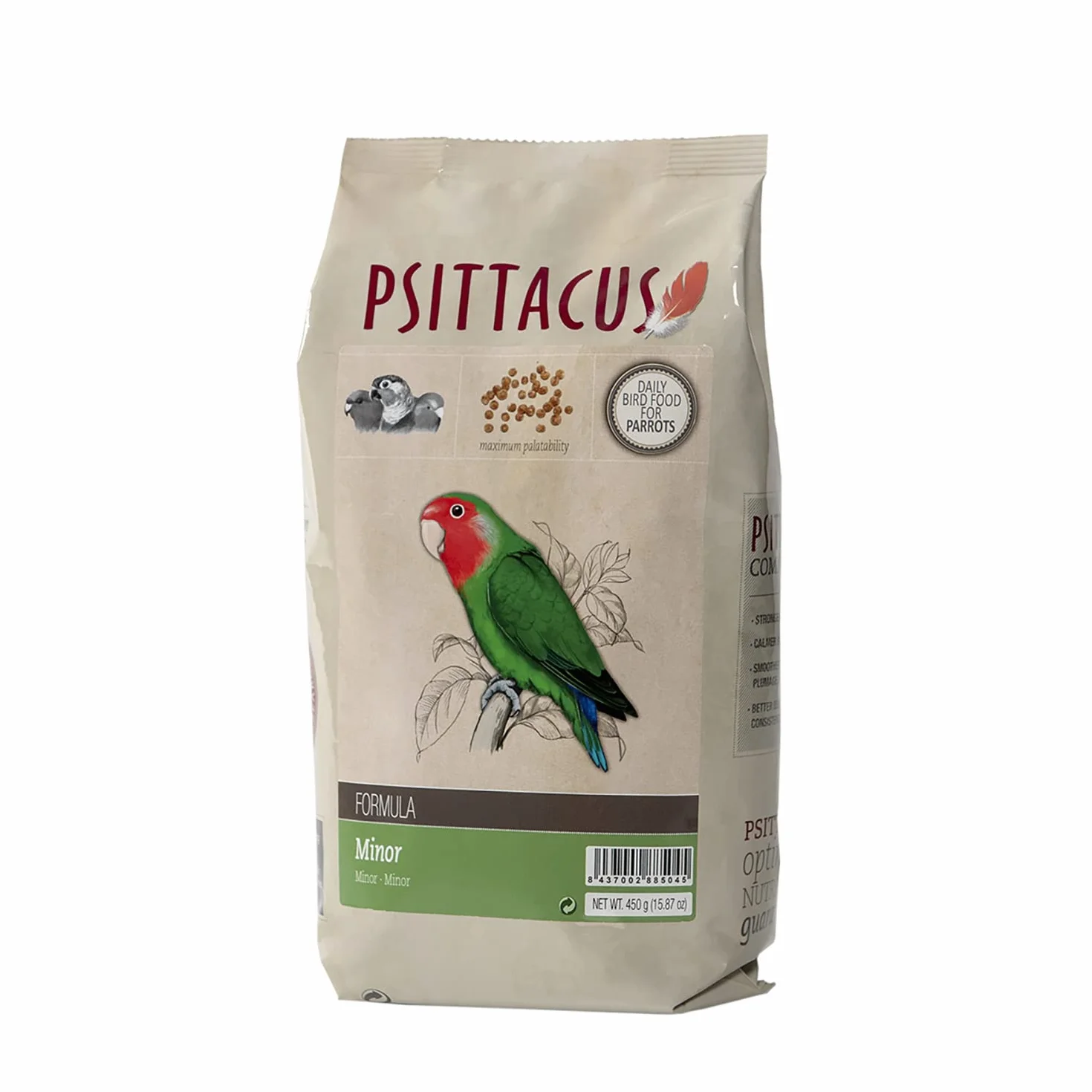 Psittacus Minor 450 g | Pienso Completo para Agapornis, Forpus y Pyrrhuras | Alimento Premium para Aves | 100% no-GMO