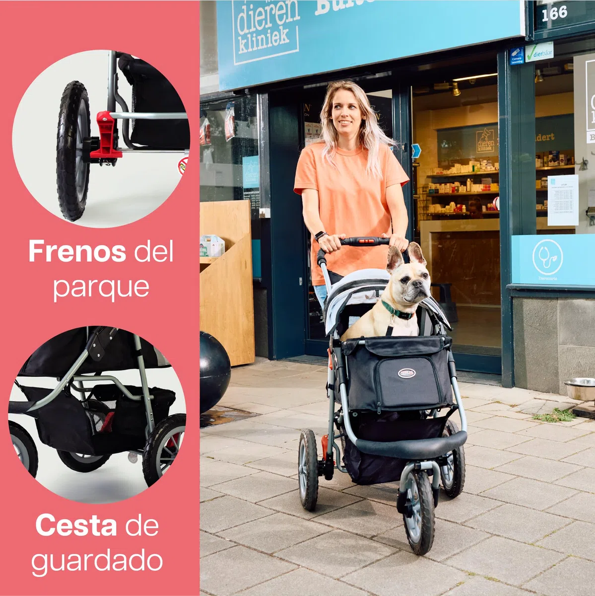 Innopet Carrito para perros Comfort EFA Eco negro/plata - Cochecito plegable para perros y gatos, ruedas EVA antipinchazos, hasta 25kg, 2 correas y cesta inferior
