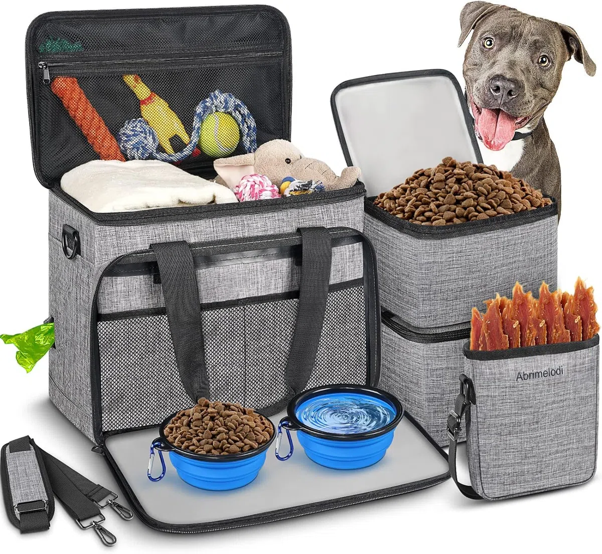Juego de 6 bolsas de viaje para perros, kit de viaje grande para mascotas, incluye 2 recipientes de alimentos, 1 organizador de viaje para perros, 2 cuencos plegables, 1 bolsa de golosinas,