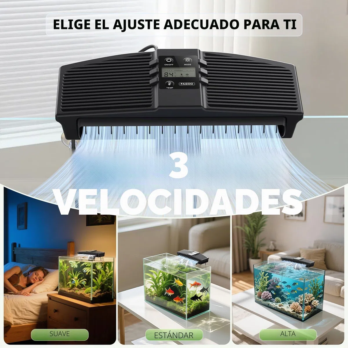 PAIZOO Ventilador Enfriador de Acuario, Ventilador de refrigeración para pecera con sonda de Temperatura y Pantalla LCD, Enfriador de Agua para Accesorios de Peces Axolotl Betta, 7 W