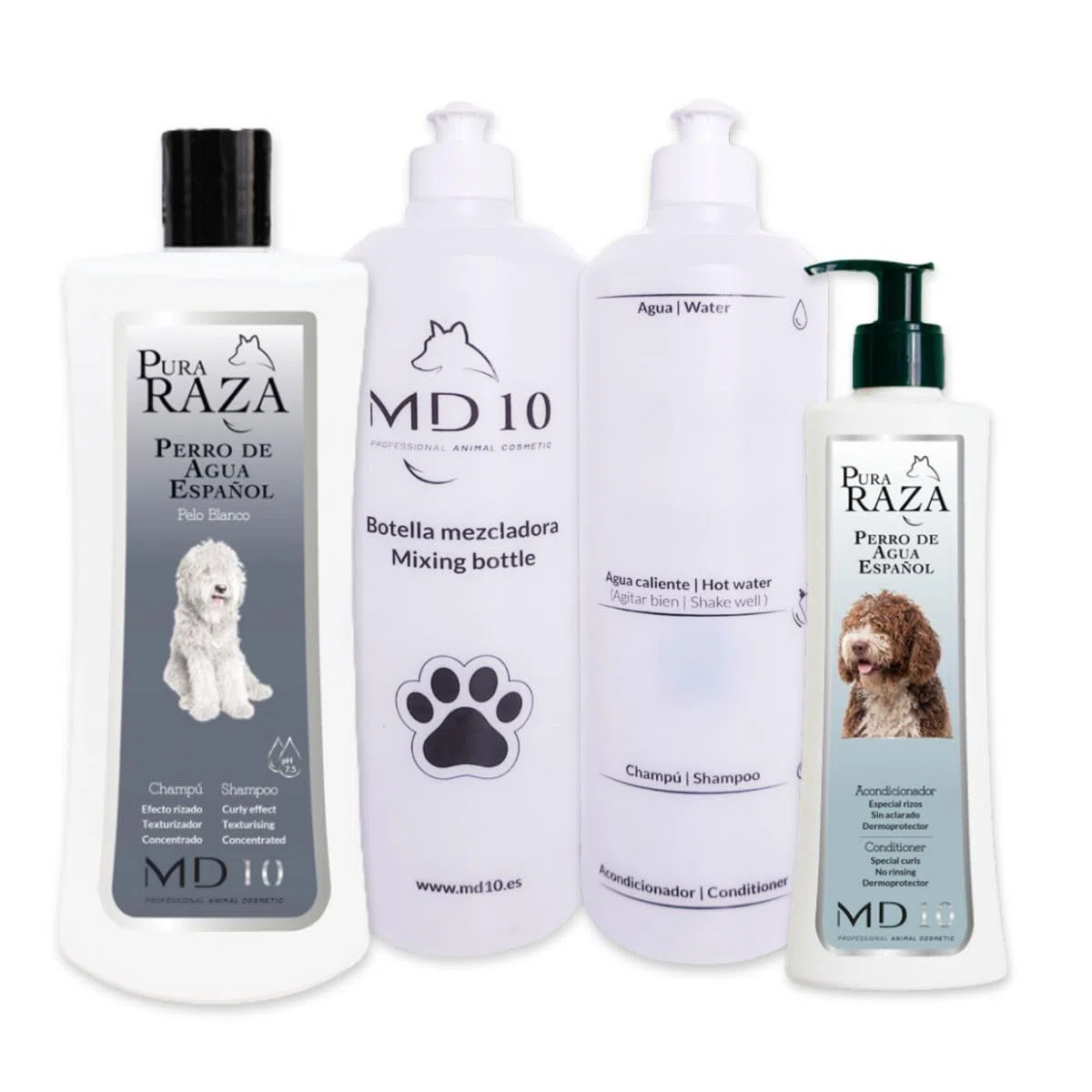 Pack Productos para Perros de Agua Pelo Blanco - Champú para Perros 750 ml, Acondicionador para Perros 300 ml, 2 Botellas Mezcladoras - Vegano y Biodegradable - Fabricado en España - MD-10 COLLECTION
