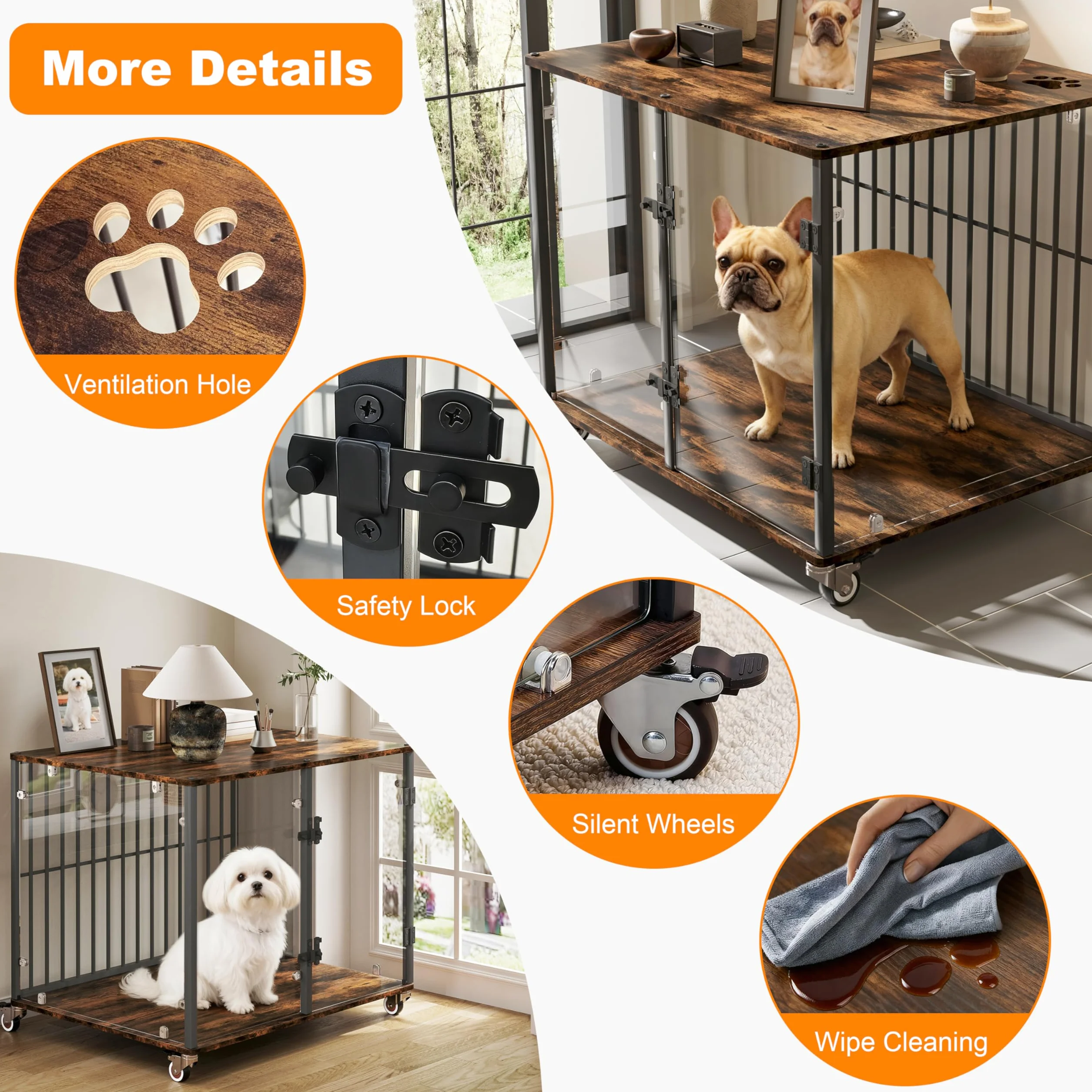 Bingopaw Jaula para Perros Mediano Mueble 77x60x65cm Jaula Perros Transparente de Vidrio Templado Resistente a Las Mordidas y Duradera con Hierro Fuerte Anticorrosivo y Superficie de Mesa