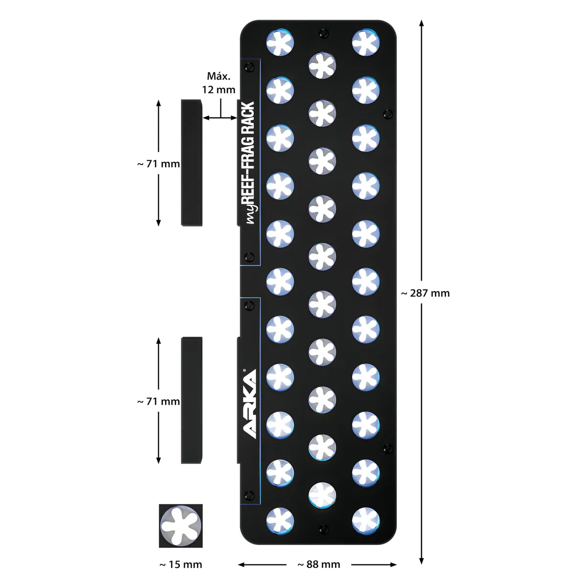ARKA myREEF-FRAG Rack - con 32 Agujeros - Soporte esquejes de Coral con Fuertes imanes para acuarios Marinos, Incl. fusibles de Silicona, diámetro de los Agujeros Aprox. 15 mm.
