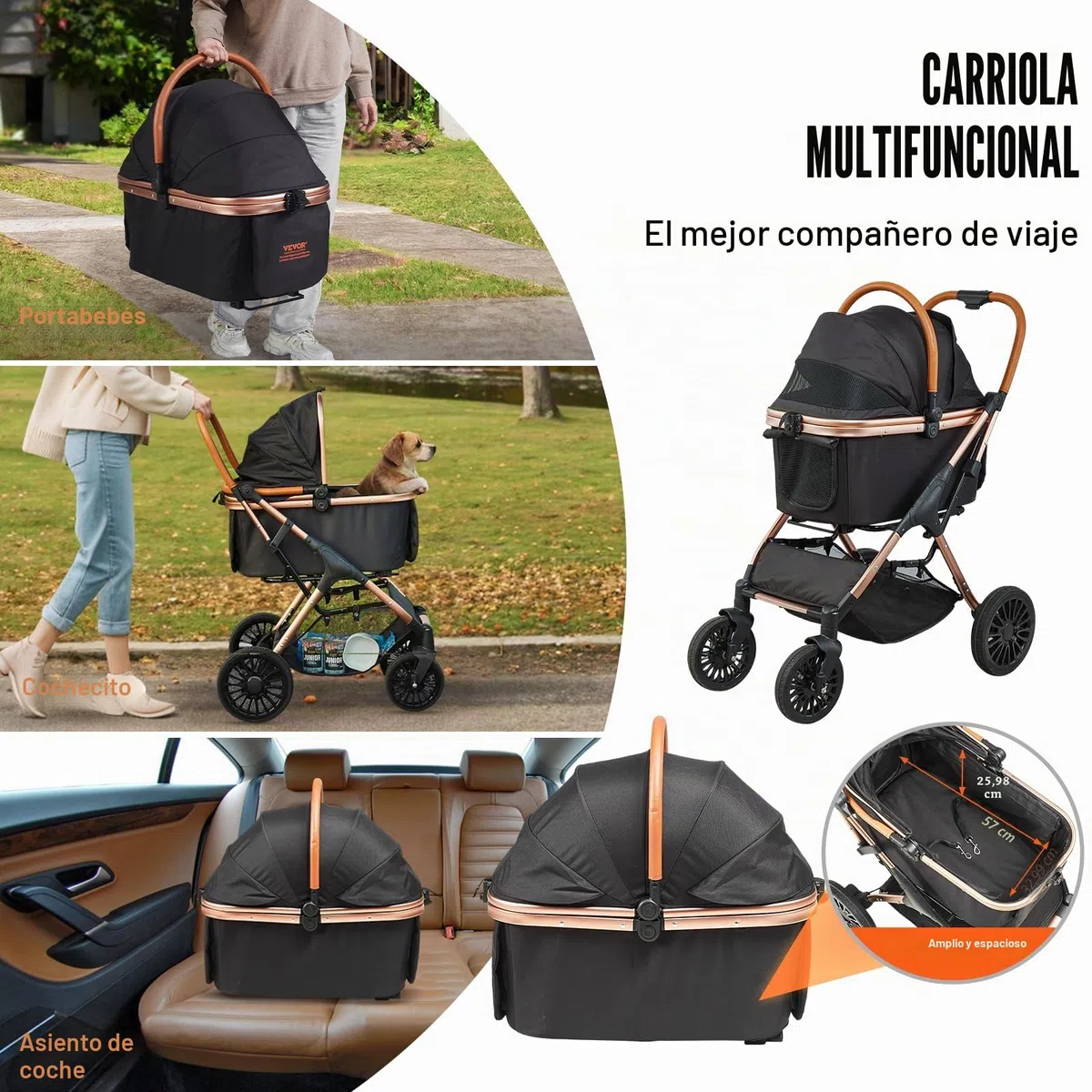 VEVOR Cochecito para Mascotas, 4 Ruedas giratorias con Frenos, Capacidad de Peso de 66 Libras, Cochecito para Cachorros con transportador Desmontable, Cesta de Almacenamiento y Almohadilla para