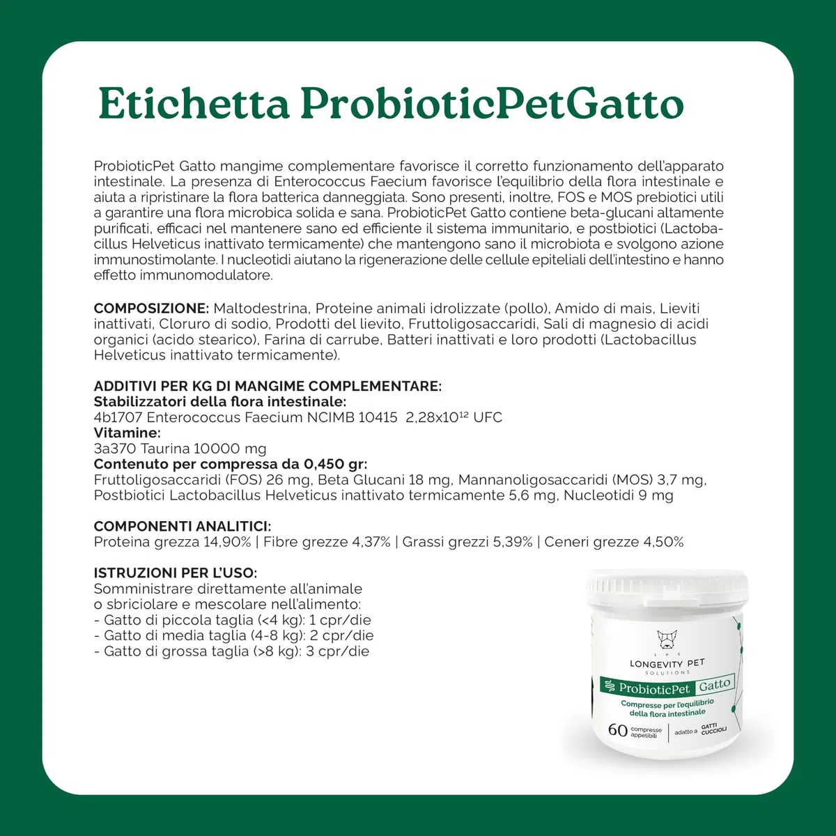Fermentos Lácticos ProbioticPet Gato 60 CPR | Probióticos para el Equilibrio Intestinal | Suplementos para Gatos para Digestión, Heces Poco Formadas, Salud Intestinal | Longevity Pet