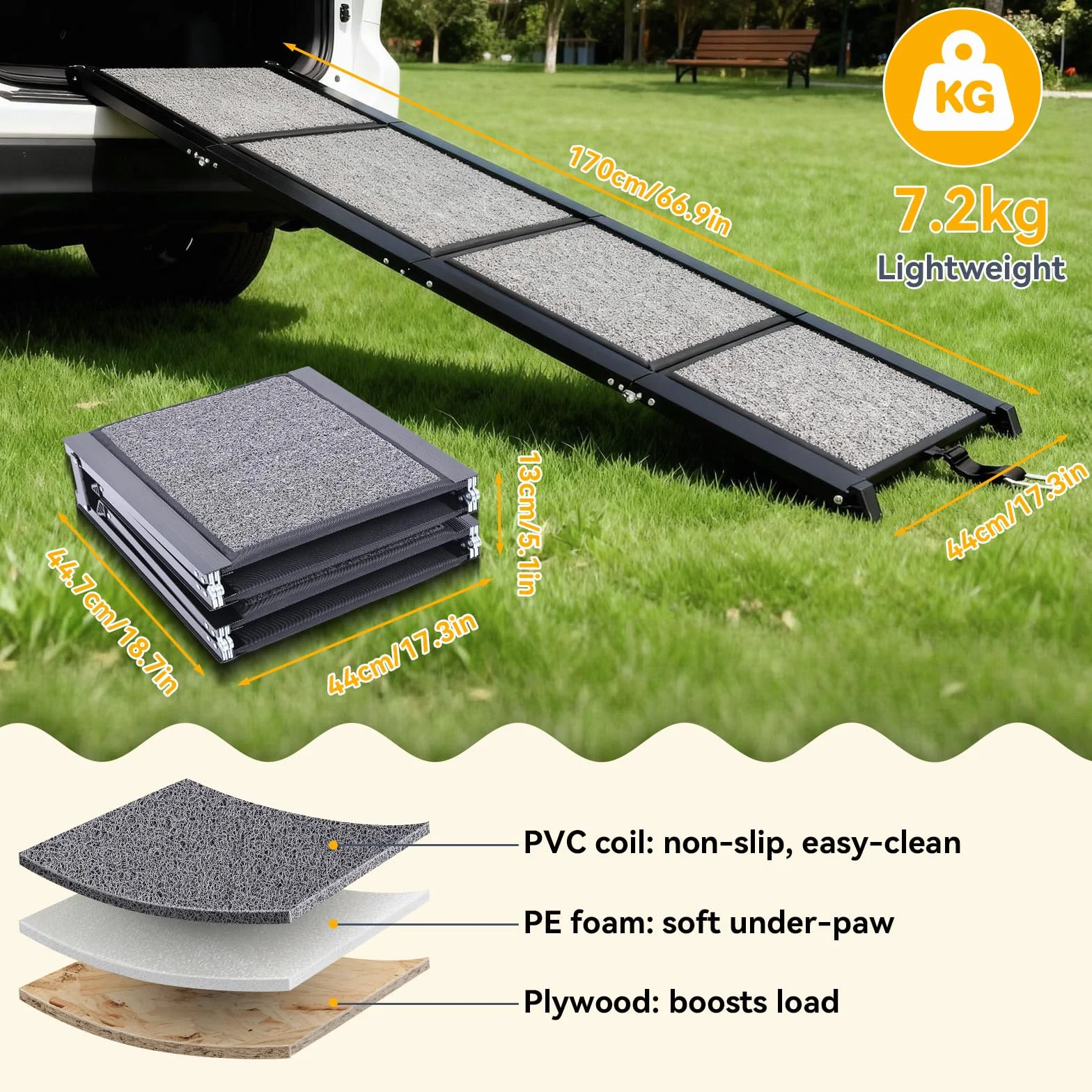 Rampa para Perros, 170x44 cm Coche Plegable,Soporta hasta 70kg Rampa de Aluminio Antideslizante con Superficie de PVC para SUV Camas Altas y Escaleras para Perros Portátil Negro