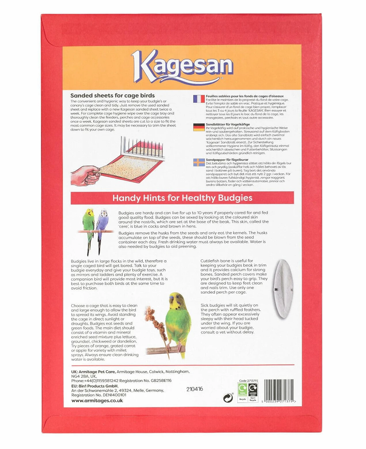 Paquete de 6 hojas de papel de arena para jaula de pájaros Kagesan, 6 x 5 unidades = 30 hojas de 43 cm x 28 cm 27137
